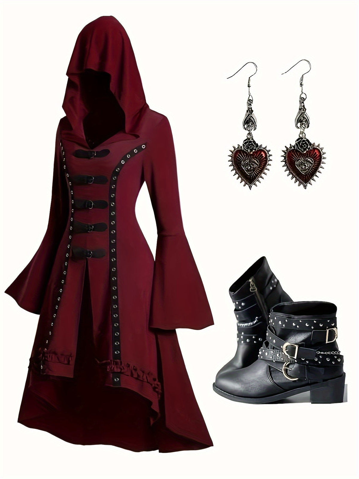 1pc Y2K Gothic Hooded Dress with Trumpet Sleeves, Double Button Detail, Polyester Knit Fabric, Solid Color, Spring/Summer Collection for Women SS69