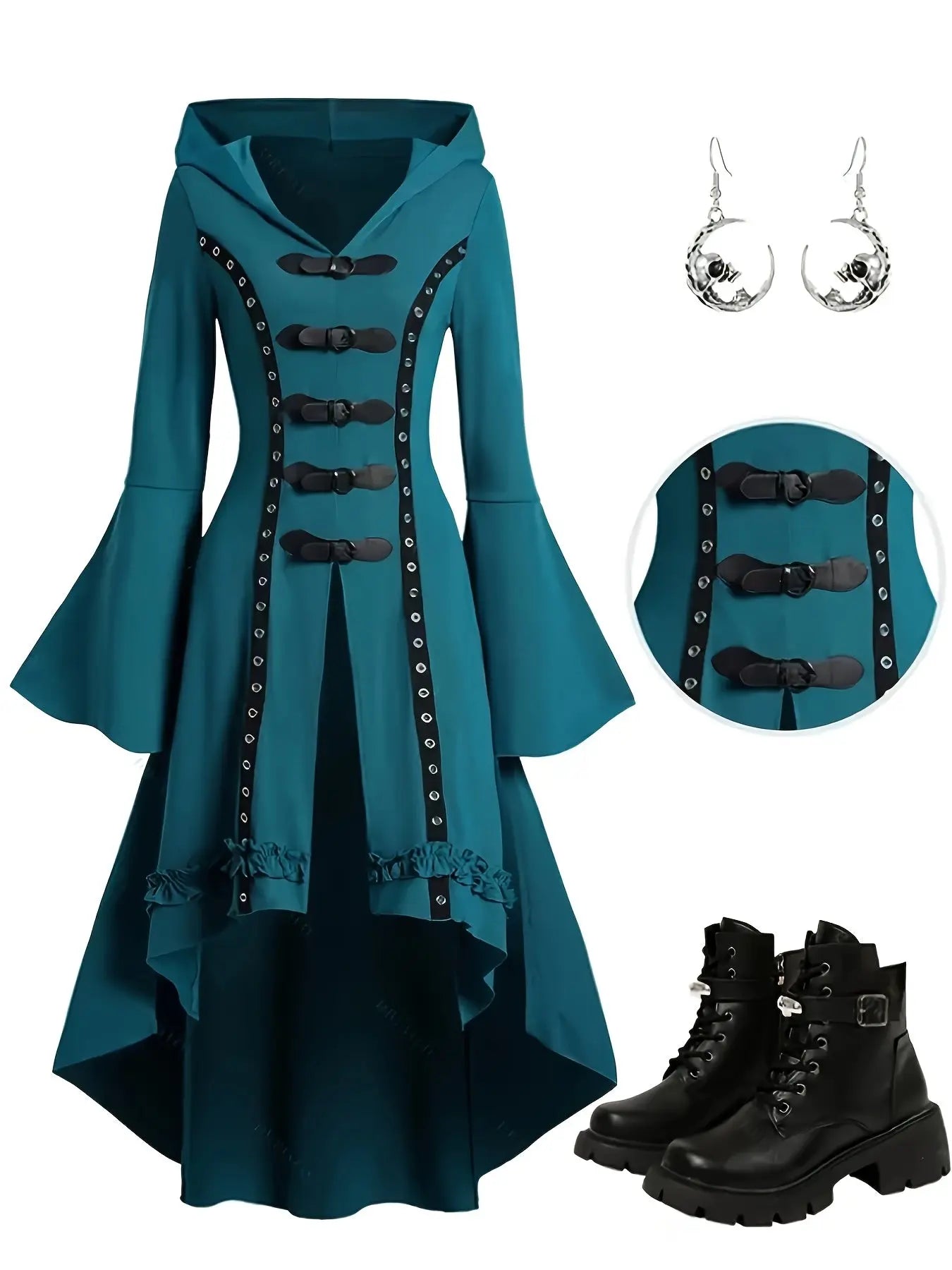 1pc Y2K Gothic Hooded Dress with Trumpet Sleeves, Double Button Detail, Polyester Knit Fabric, Solid Color, Spring/Summer Collection for Women SS69