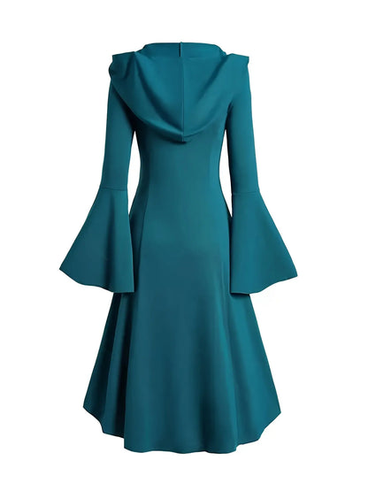 1pc Y2K Gothic Hooded Dress with Trumpet Sleeves, Double Button Detail, Polyester Knit Fabric, Solid Color, Spring/Summer Collection for Women SS69