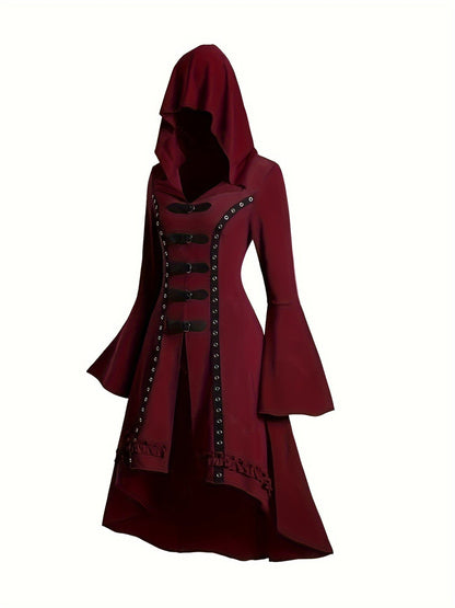 1pc Y2K Gothic Hooded Dress with Trumpet Sleeves, Double Button Detail, Polyester Knit Fabric, Solid Color, Spring/Summer Collection for Women SS69
