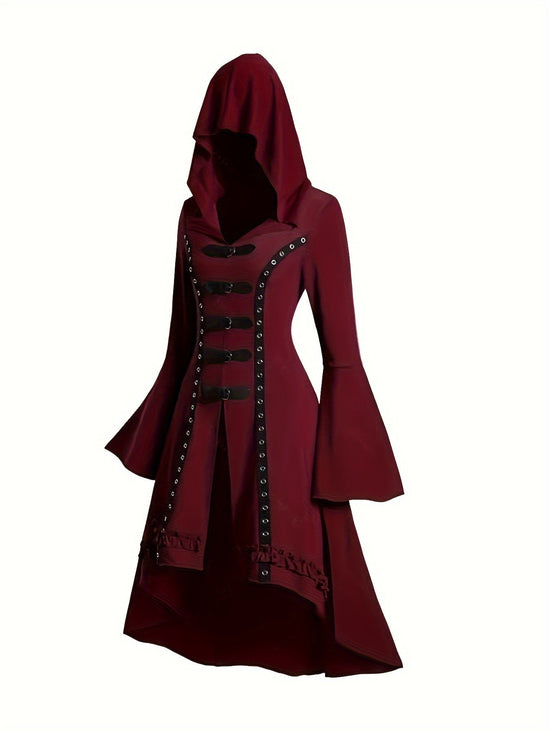 1pc Y2K Gothic Hooded Dress with Trumpet Sleeves, Double Button Detail, Polyester Knit Fabric, Solid Color, Spring/Summer Collection for Women SS69