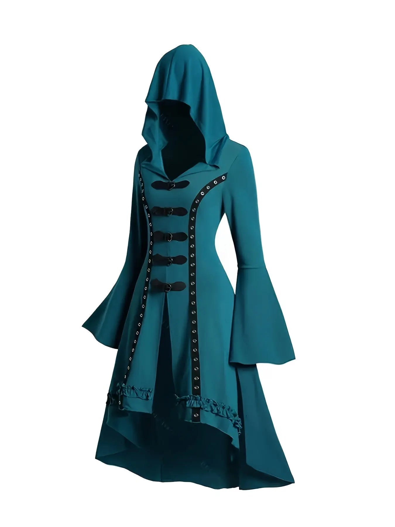 1pc Y2K Gothic Hooded Dress with Trumpet Sleeves, Double Button Detail, Polyester Knit Fabric, Solid Color, Spring/Summer Collection for Women SS69