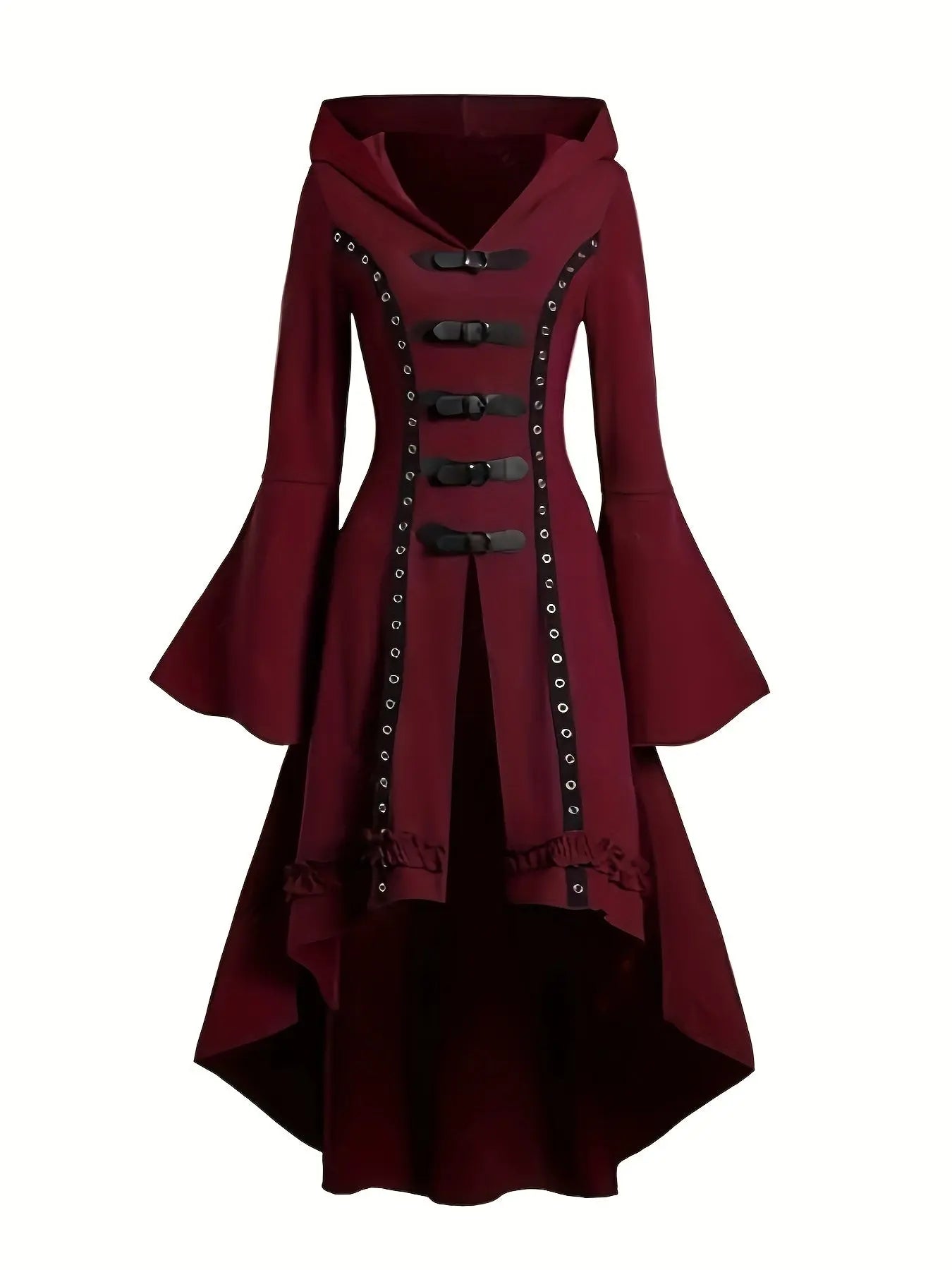 1pc Y2K Gothic Hooded Dress with Trumpet Sleeves, Double Button Detail, Polyester Knit Fabric, Solid Color, Spring/Summer Collection for Women SS69