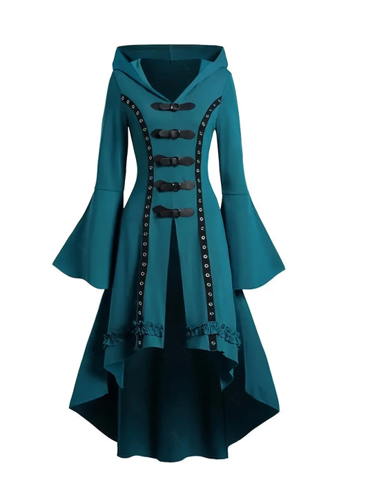1pc Y2K Gothic Hooded Dress with Trumpet Sleeves, Double Button Detail, Polyester Knit Fabric, Solid Color, Spring/Summer Collection for Women SS69