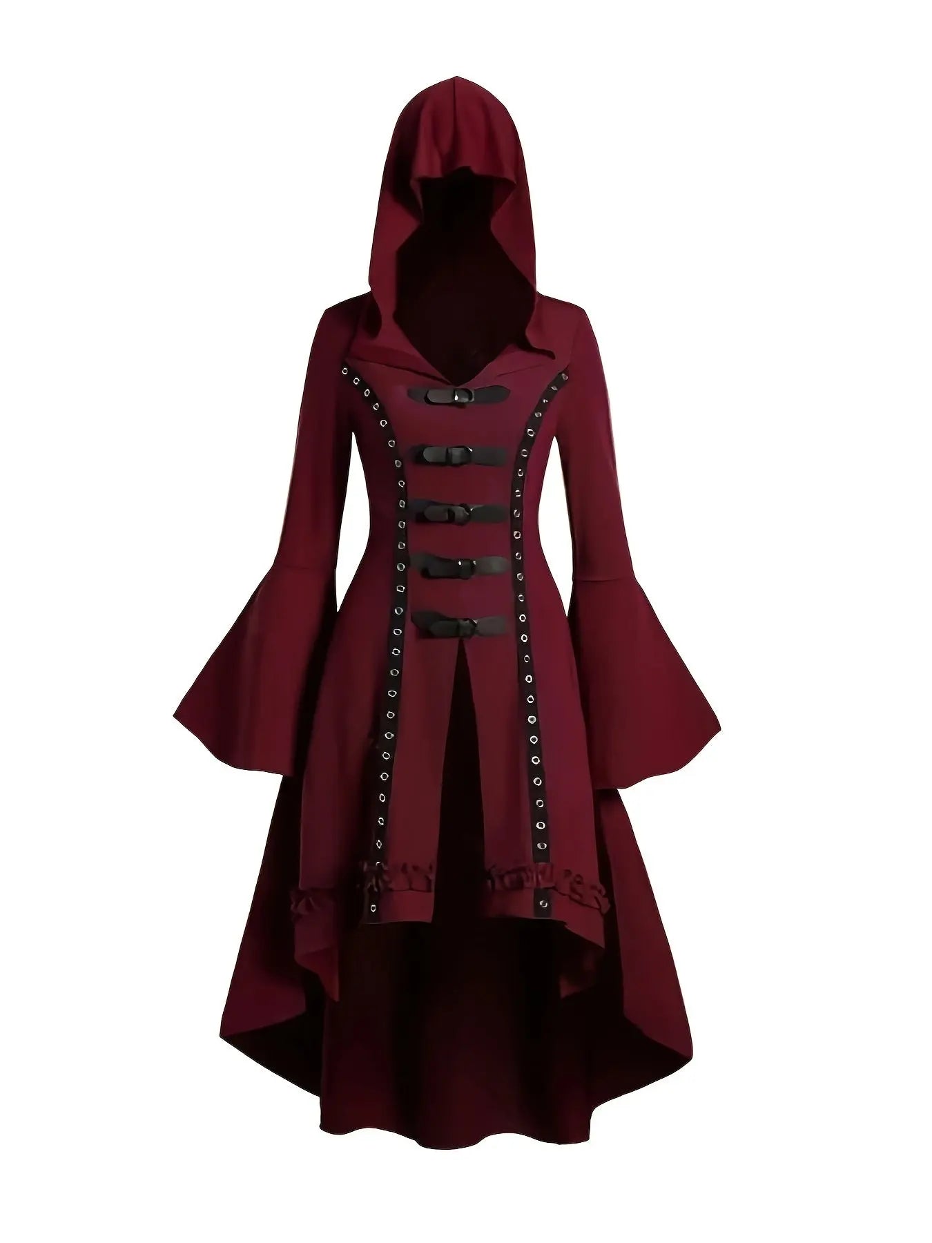 1pc Y2K Gothic Hooded Dress with Trumpet Sleeves, Double Button Detail, Polyester Knit Fabric, Solid Color, Spring/Summer Collection for Women SS69