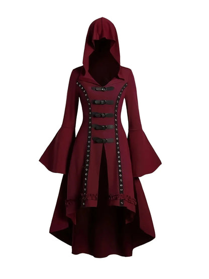 1pc Y2K Gothic Hooded Dress with Trumpet Sleeves, Double Button Detail, Polyester Knit Fabric, Solid Color, Spring/Summer Collection for Women SS69