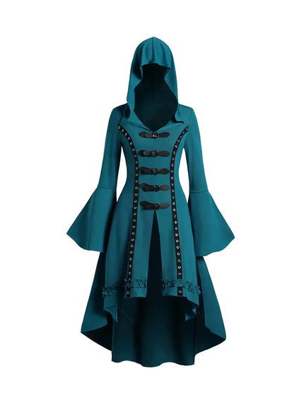 1pc Y2K Gothic Hooded Dress with Trumpet Sleeves, Double Button Detail, Polyester Knit Fabric, Solid Color, Spring/Summer Collection for Women SS69