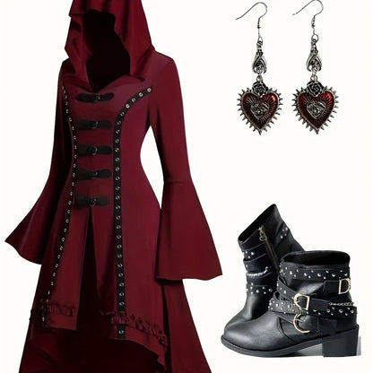 1pc Y2K Gothic Hooded Dress with Trumpet Sleeves, Double Button Detail, Polyester Knit Fabric, Solid Color, Spring/Summer Collection for Women SS69 27.69 Burgundy / XXL
