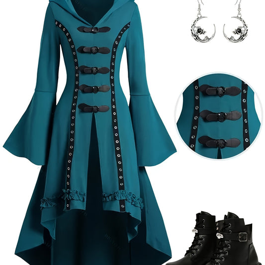 1pc Y2K Gothic Hooded Dress with Trumpet Sleeves, Double Button Detail, Polyester Knit Fabric, Solid Color, Spring/Summer Collection for Women SS69 27.69 Peacock Blue / XXL