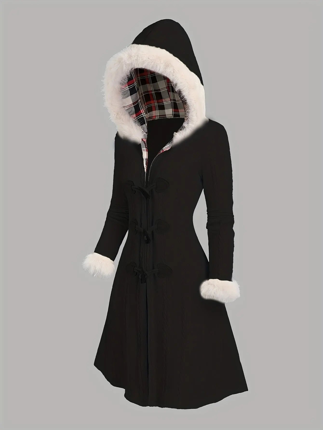 1pc Y2K Style Women'S Hooded Knit Coat, Polyester Long Coat with Faux Fur Trim, Cable Knit Pattern, Plaid Lining, Horn Button Closure, Fall/Winter Fashion SS69