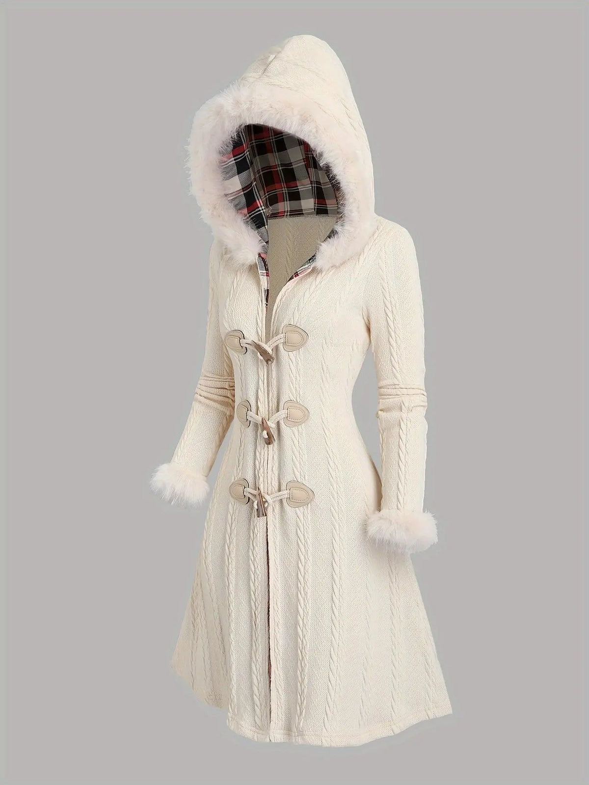 1pc Y2K Style Women'S Hooded Knit Coat, Polyester Long Coat with Faux Fur Trim, Cable Knit Pattern, Plaid Lining, Horn Button Closure, Fall/Winter Fashion SS69