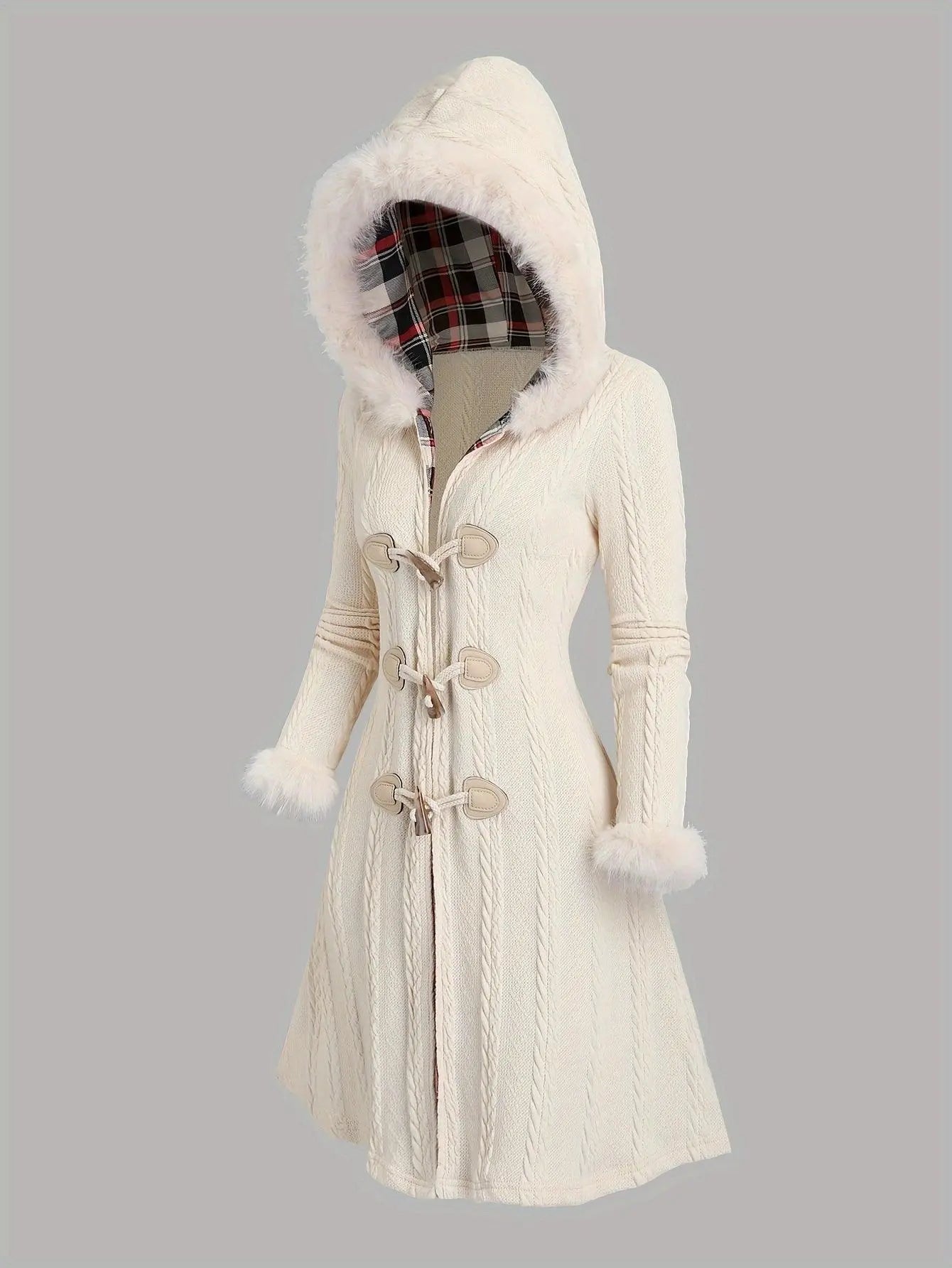 1pc Y2K Style Women'S Hooded Knit Coat, Polyester Long Coat with Faux Fur Trim, Cable Knit Pattern, Plaid Lining, Horn Button Closure, Fall/Winter Fashion SS69
