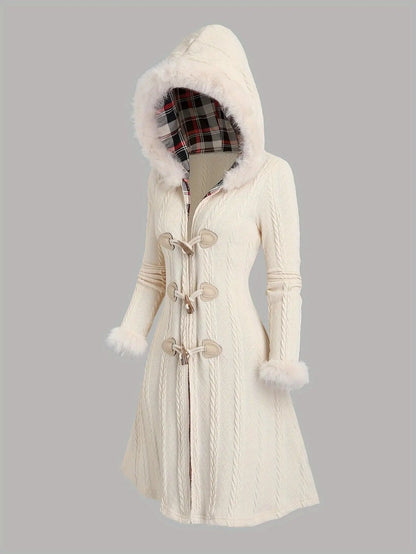1pc Y2K Style Women'S Hooded Knit Coat, Polyester Long Coat with Faux Fur Trim, Cable Knit Pattern, Plaid Lining, Horn Button Closure, Fall/Winter Fashion SS69