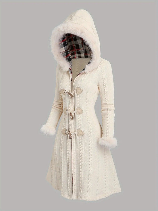 1pc Y2K Style Women'S Hooded Knit Coat, Polyester Long Coat with Faux Fur Trim, Cable Knit Pattern, Plaid Lining, Horn Button Closure, Fall/Winter Fashion SS69