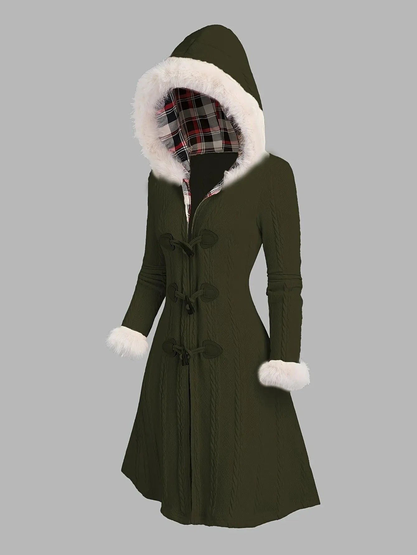 1pc Y2K Style Women'S Hooded Knit Coat, Polyester Long Coat with Faux Fur Trim, Cable Knit Pattern, Plaid Lining, Horn Button Closure, Fall/Winter Fashion SS69