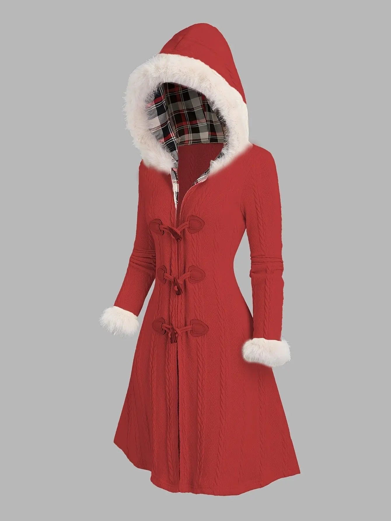 1pc Y2K Style Women'S Hooded Knit Coat, Polyester Long Coat with Faux Fur Trim, Cable Knit Pattern, Plaid Lining, Horn Button Closure, Fall/Winter Fashion SS69