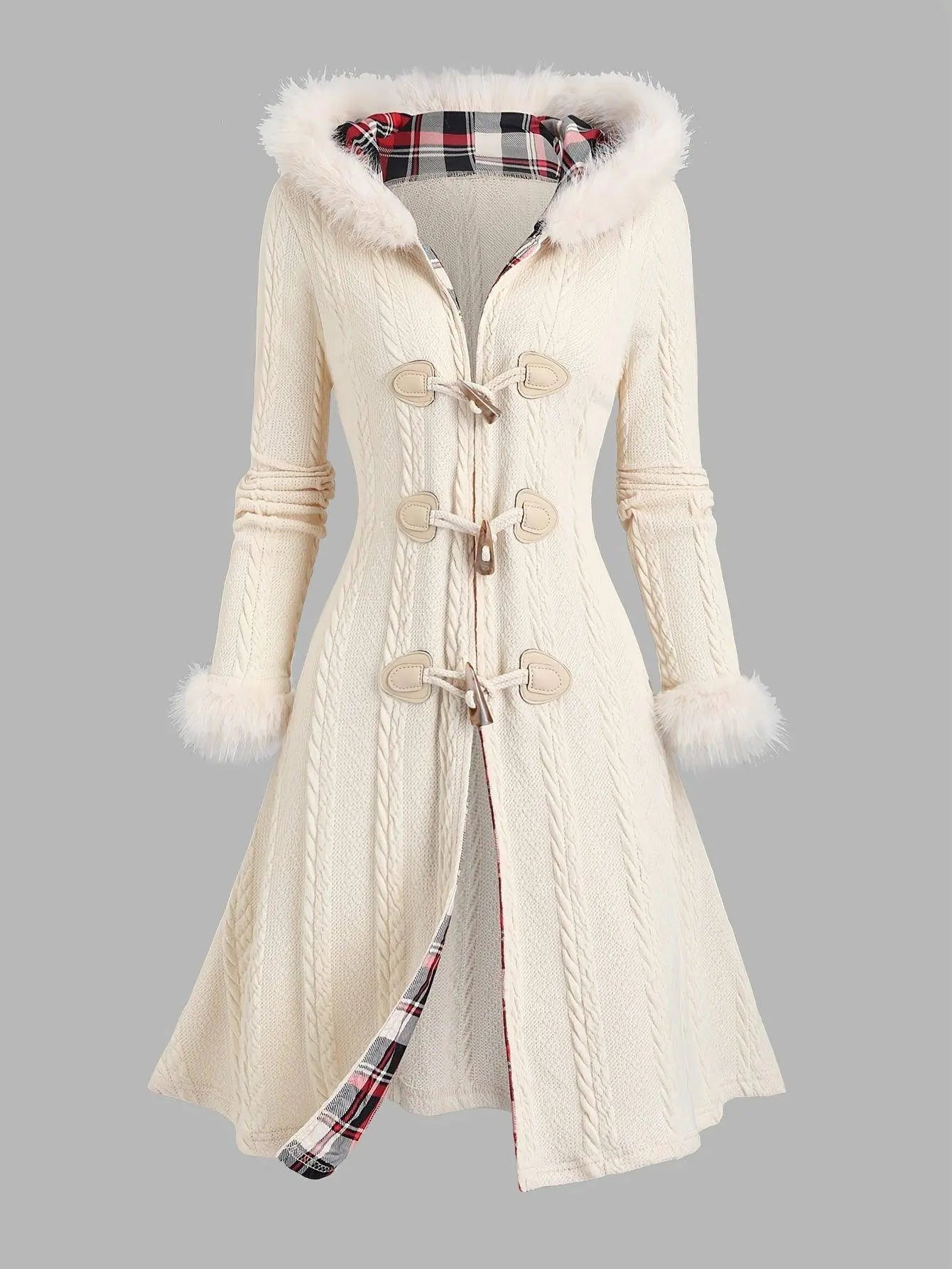 1pc Y2K Style Women'S Hooded Knit Coat, Polyester Long Coat with Faux Fur Trim, Cable Knit Pattern, Plaid Lining, Horn Button Closure, Fall/Winter Fashion SS69