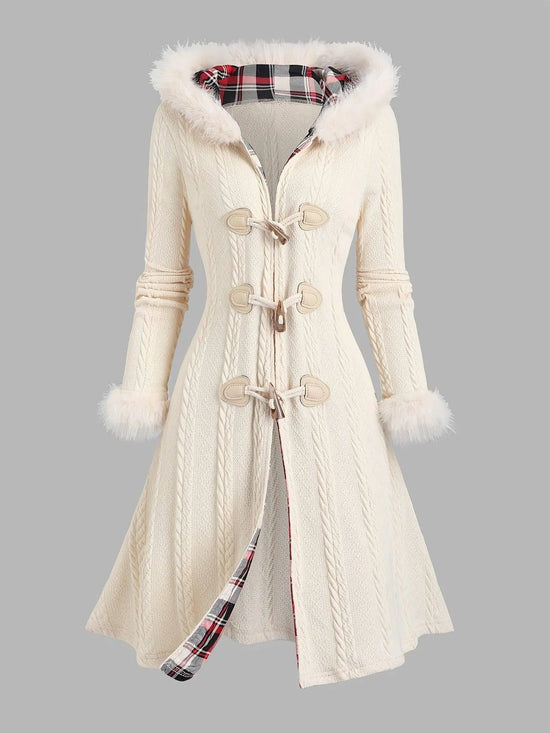 1pc Y2K Style Women'S Hooded Knit Coat, Polyester Long Coat with Faux Fur Trim, Cable Knit Pattern, Plaid Lining, Horn Button Closure, Fall/Winter Fashion SS69