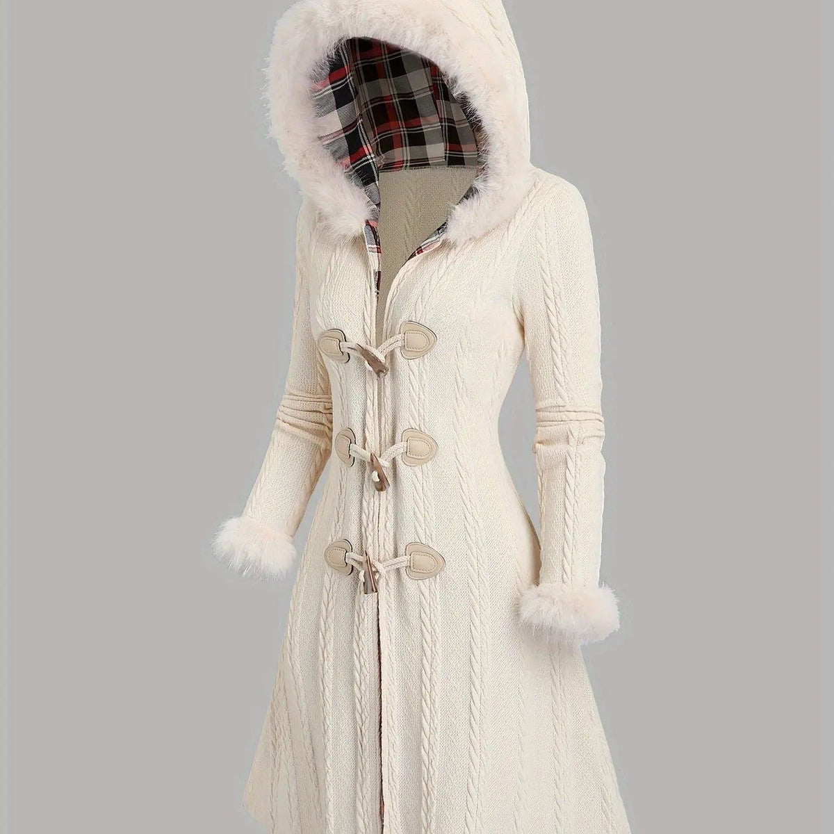 1pc Y2K Style Women'S Hooded Knit Coat, Polyester Long Coat with Faux Fur Trim, Cable Knit Pattern, Plaid Lining, Horn Button Closure, Fall/Winter Fashion SS69