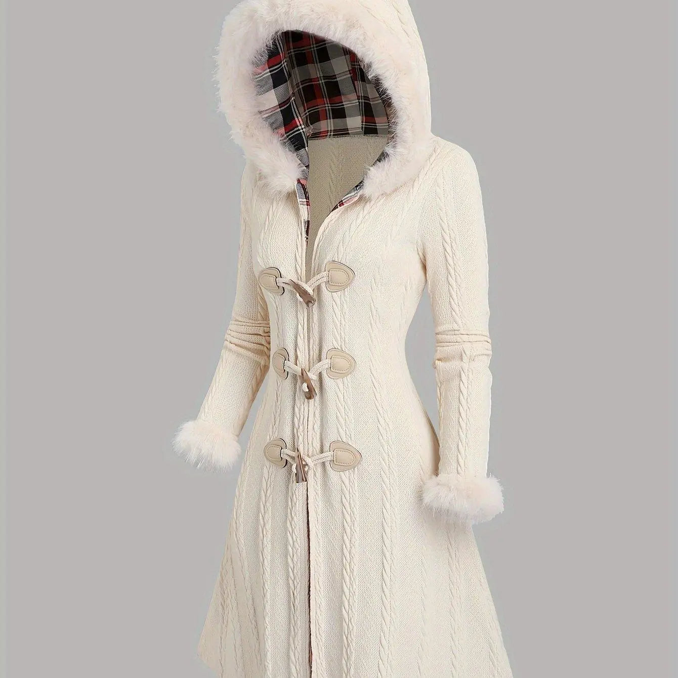 1pc Y2K Style Women'S Hooded Knit Coat, Polyester Long Coat with Faux Fur Trim, Cable Knit Pattern, Plaid Lining, Horn Button Closure, Fall/Winter Fashion SS69