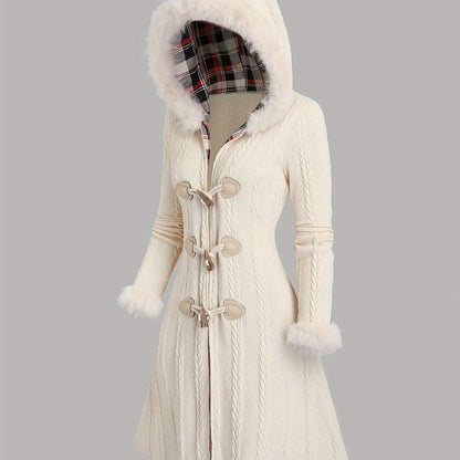 1pc Y2K Style Women'S Hooded Knit Coat, Polyester Long Coat with Faux Fur Trim, Cable Knit Pattern, Plaid Lining, Horn Button Closure, Fall/Winter Fashion SS69