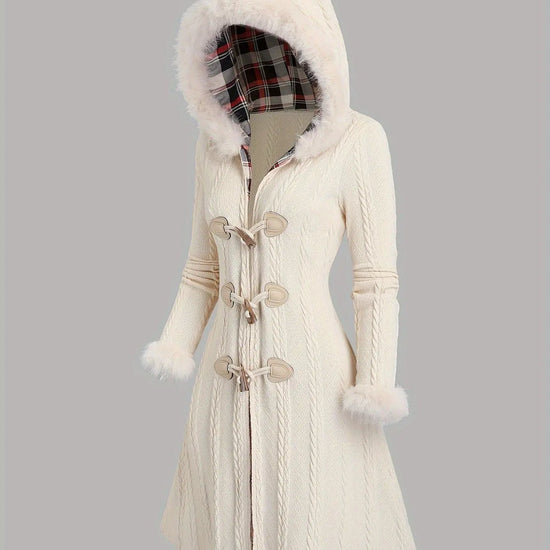 1pc Y2K Style Women'S Hooded Knit Coat, Polyester Long Coat with Faux Fur Trim, Cable Knit Pattern, Plaid Lining, Horn Button Closure, Fall/Winter Fashion SS69