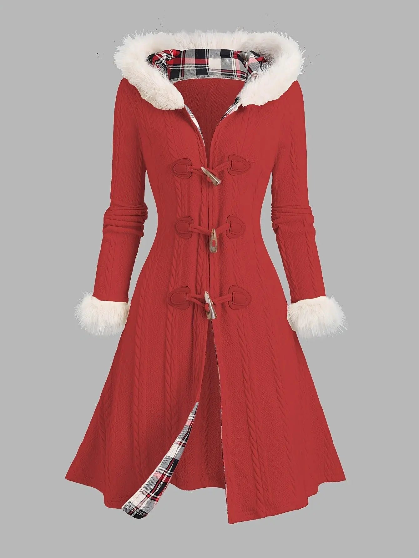 1pc Y2K Style Women'S Hooded Knit Coat, Polyester Long Coat with Faux Fur Trim, Cable Knit Pattern, Plaid Lining, Horn Button Closure, Fall/Winter Fashion SS69