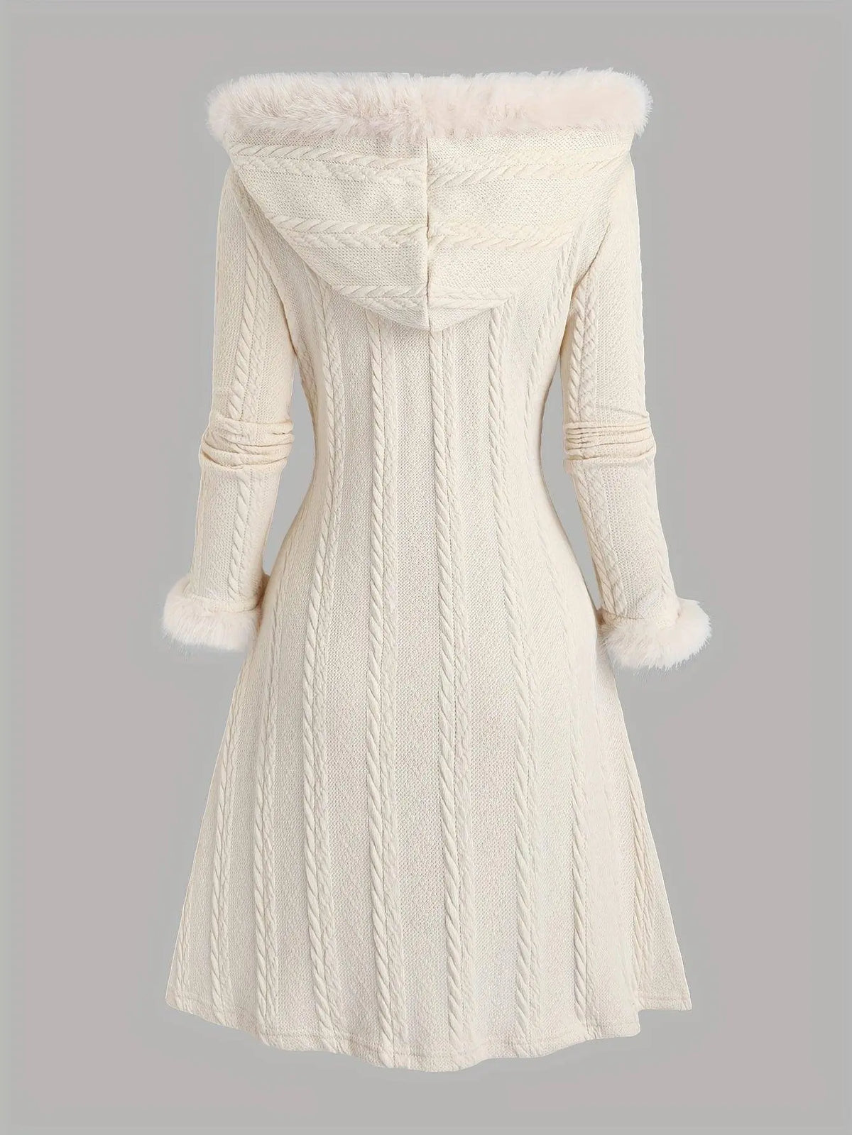 1pc Y2K Style Women'S Hooded Knit Coat, Polyester Long Coat with Faux Fur Trim, Cable Knit Pattern, Plaid Lining, Horn Button Closure, Fall/Winter Fashion SS69