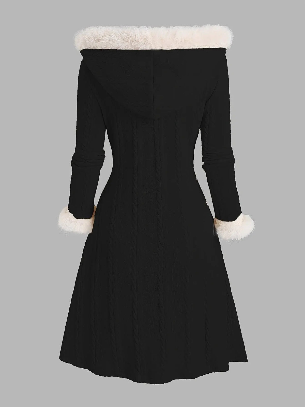 1pc Y2K Style Women'S Hooded Knit Coat, Polyester Long Coat with Faux Fur Trim, Cable Knit Pattern, Plaid Lining, Horn Button Closure, Fall/Winter Fashion SS69