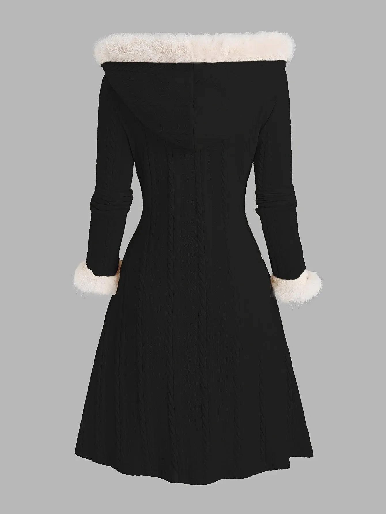 1pc Y2K Style Women'S Hooded Knit Coat, Polyester Long Coat with Faux Fur Trim, Cable Knit Pattern, Plaid Lining, Horn Button Closure, Fall/Winter Fashion SS69