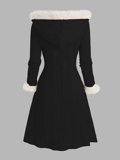 1pc Y2K Style Women'S Hooded Knit Coat, Polyester Long Coat with Faux Fur Trim, Cable Knit Pattern, Plaid Lining, Horn Button Closure, Fall/Winter Fashion SS69