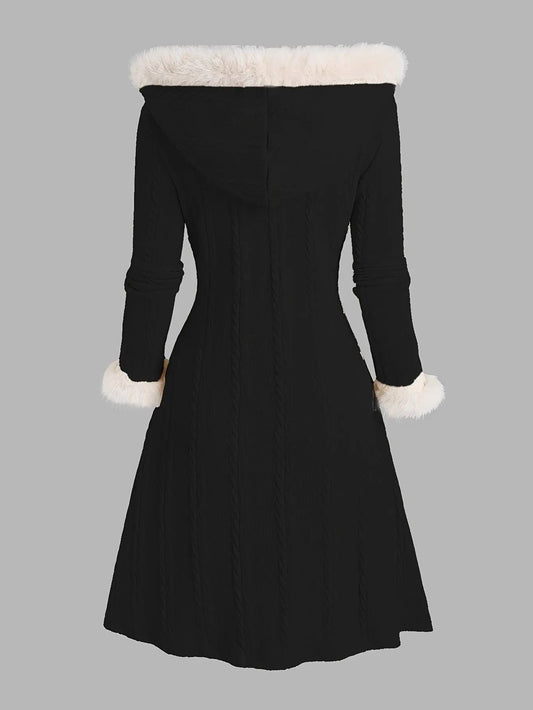 1pc Y2K Style Women'S Hooded Knit Coat, Polyester Long Coat with Faux Fur Trim, Cable Knit Pattern, Plaid Lining, Horn Button Closure, Fall/Winter Fashion SS69