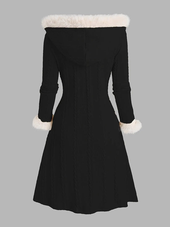 1pc Y2K Style Women'S Hooded Knit Coat, Polyester Long Coat with Faux Fur Trim, Cable Knit Pattern, Plaid Lining, Horn Button Closure, Fall/Winter Fashion SS69