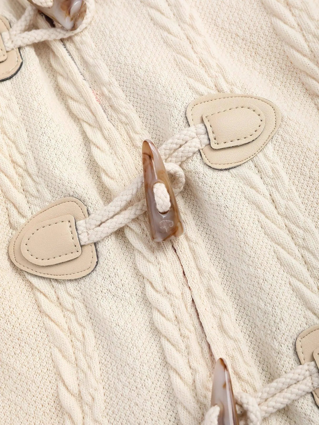 1pc Y2K Style Women'S Hooded Knit Coat, Polyester Long Coat with Faux Fur Trim, Cable Knit Pattern, Plaid Lining, Horn Button Closure, Fall/Winter Fashion SS69