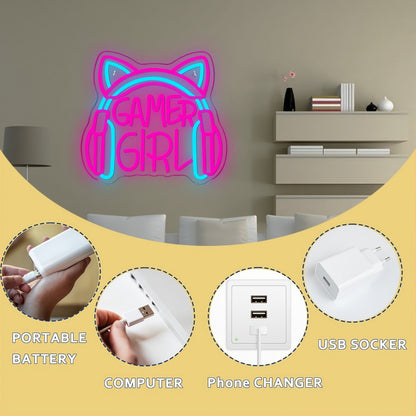 1pc Gamer Girl Neon Sign with Headphones - Pink & Blue LED Light, USB Powered, Wall - Mounted Gaming Room Decor for Game Players, Studio & Home Decoration, Gaming Room Decor | Playful Design | Neon Lights, Neon Signs for Wall - SS69