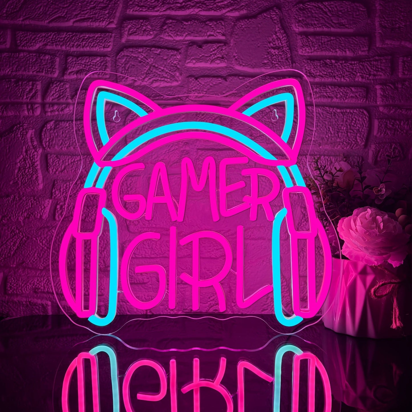 1pc Gamer Girl Neon Sign with Headphones - Pink & Blue LED Light, USB Powered, Wall - Mounted Gaming Room Decor for Game Players, Studio & Home Decoration, Gaming Room Decor | Playful Design | Neon Lights, Neon Signs for Wall - SS69