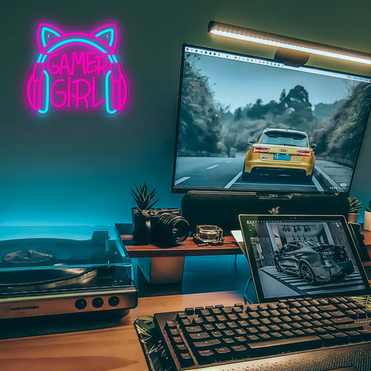 1pc Gamer Girl Neon Sign with Headphones - Pink & Blue LED Light, USB Powered, Wall - Mounted Gaming Room Decor for Game Players, Studio & Home Decoration, Gaming Room Decor | Playful Design | Neon Lights, Neon Signs for Wall - SS69