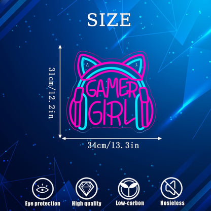 1pc Gamer Girl Neon Sign with Headphones - Pink & Blue LED Light, USB Powered, Wall - Mounted Gaming Room Decor for Game Players, Studio & Home Decoration, Gaming Room Decor | Playful Design | Neon Lights, Neon Signs for Wall - SS69