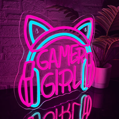 1pc Gamer Girl Neon Sign with Headphones - Pink & Blue LED Light, USB Powered, Wall - Mounted Gaming Room Decor for Game Players, Studio & Home Decoration, Gaming Room Decor | Playful Design | Neon Lights, Neon Signs for Wall - SS69