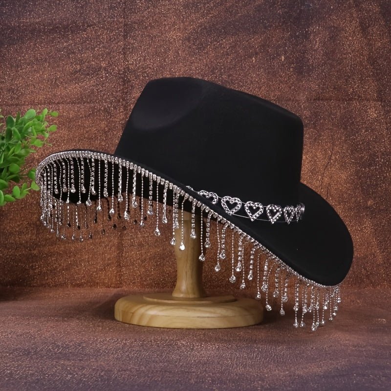 1pc Women'S Fashion Sparkling Teardrop Rhinestone Cowboy Hat - Sparkling Tassel Teardrop Rhinestone Design | Suitable for Weddings, Parties and Stage Performances - SS69