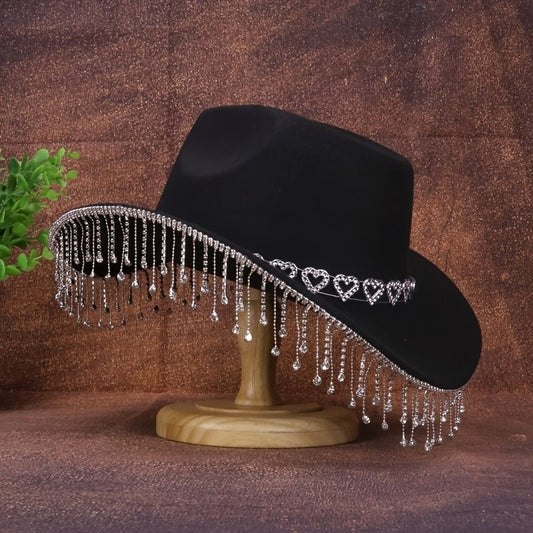 1pc Women'S Fashion Sparkling Teardrop Rhinestone Cowboy Hat - Sparkling Tassel Teardrop Rhinestone Design | Suitable for Weddings, Parties and Stage Performances - SS69