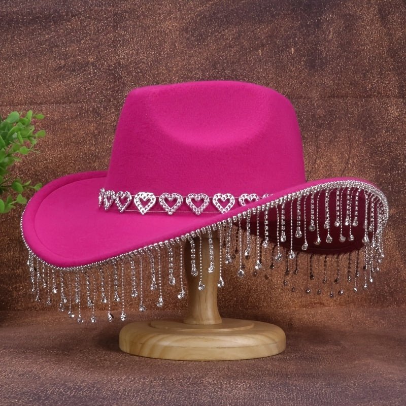 1pc Women'S Fashion Sparkling Teardrop Rhinestone Cowboy Hat - Sparkling Tassel Teardrop Rhinestone Design | Suitable for Weddings, Parties and Stage Performances - SS69