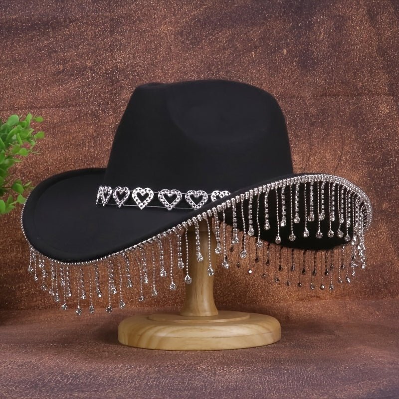 1pc Women'S Fashion Sparkling Teardrop Rhinestone Cowboy Hat - Sparkling Tassel Teardrop Rhinestone Design | Suitable for Weddings, Parties and Stage Performances - SS69