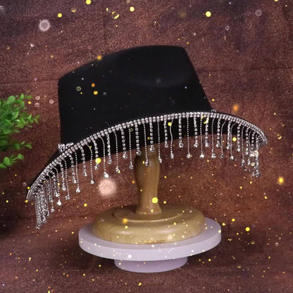 1pc Women'S Fashion Sparkling Teardrop Rhinestone Cowboy Hat - Sparkling Tassel Teardrop Rhinestone Design | Suitable for Weddings, Parties and Stage Performances - SS69