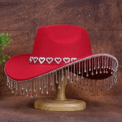 1pc Women'S Fashion Sparkling Teardrop Rhinestone Cowboy Hat - Sparkling Tassel Teardrop Rhinestone Design | Suitable for Weddings, Parties and Stage Performances - SS69