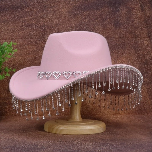 1pc Women'S Fashion Sparkling Teardrop Rhinestone Cowboy Hat - Sparkling Tassel Teardrop Rhinestone Design | Suitable for Weddings, Parties and Stage Performances - SS69