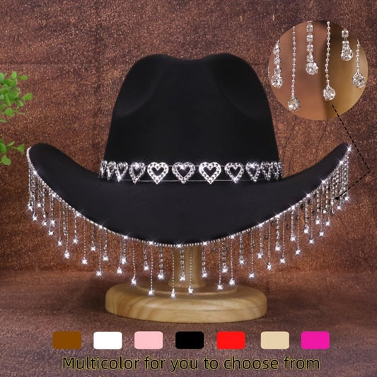 1pc Women'S Fashion Sparkling Teardrop Rhinestone Cowboy Hat - Sparkling Tassel Teardrop Rhinestone Design | Suitable for Weddings, Parties and Stage Performances - SS69