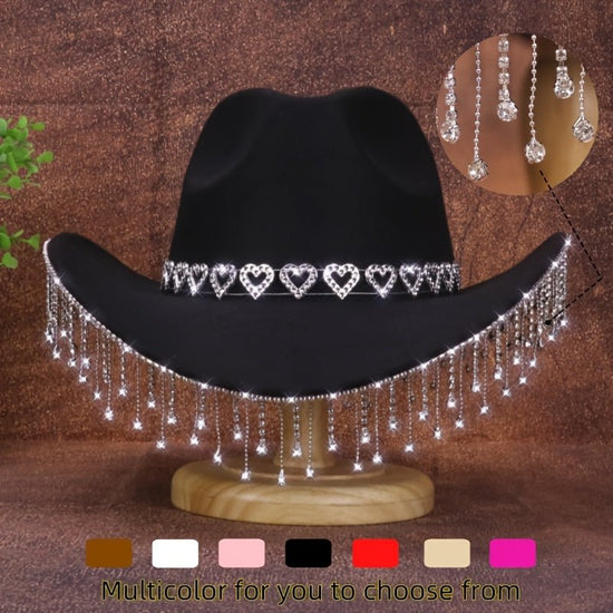 1pc Women'S Fashion Sparkling Teardrop Rhinestone Cowboy Hat - Sparkling Tassel Teardrop Rhinestone Design | Suitable for Weddings, Parties and Stage Performances - SS69
