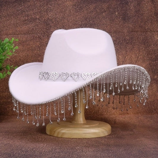 1pc Women'S Fashion Sparkling Teardrop Rhinestone Cowboy Hat - Sparkling Tassel Teardrop Rhinestone Design | Suitable for Weddings, Parties and Stage Performances - SS69