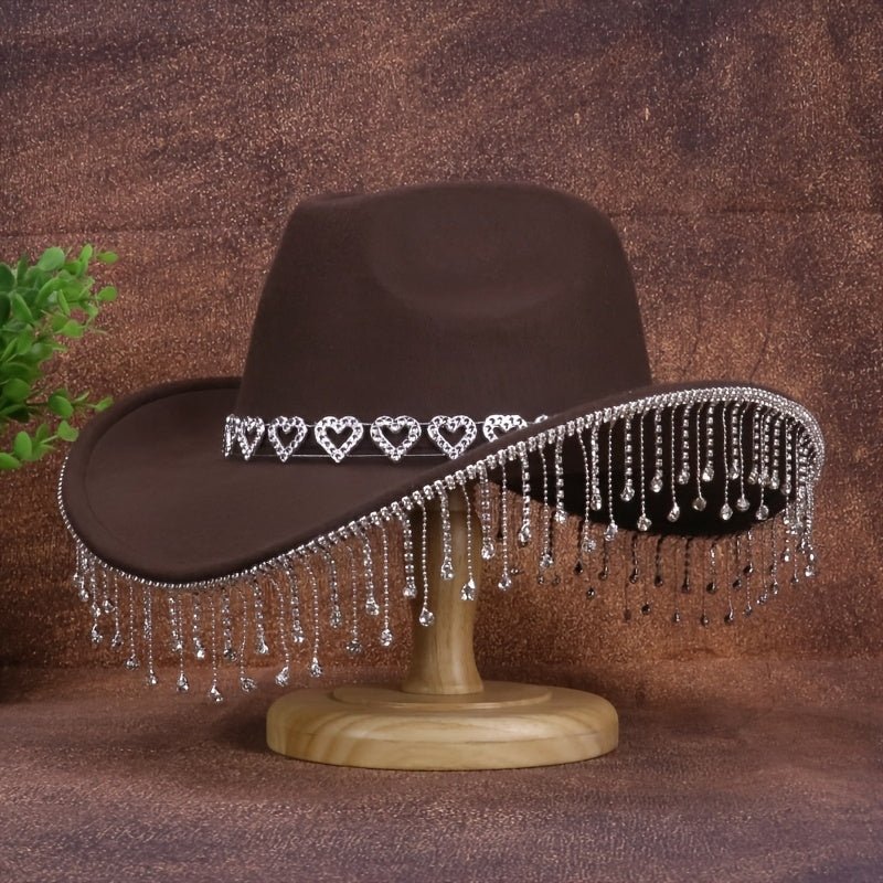 1pc Women'S Fashion Sparkling Teardrop Rhinestone Cowboy Hat - Sparkling Tassel Teardrop Rhinestone Design | Suitable for Weddings, Parties and Stage Performances - SS69